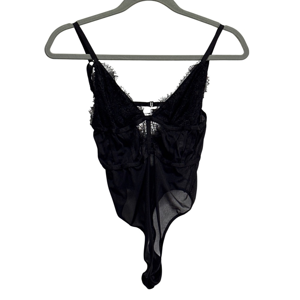 Forever 21 Black Lace Mesh Strappy Back Thong Bodysuit Medium